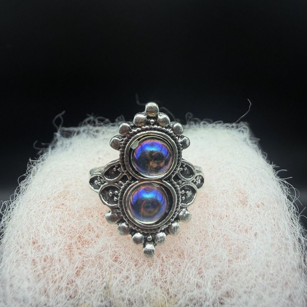 Boho Ring Magical Iridescent 2 Round Moonstone Gems Royal Ring Silver Tone Sz 7
